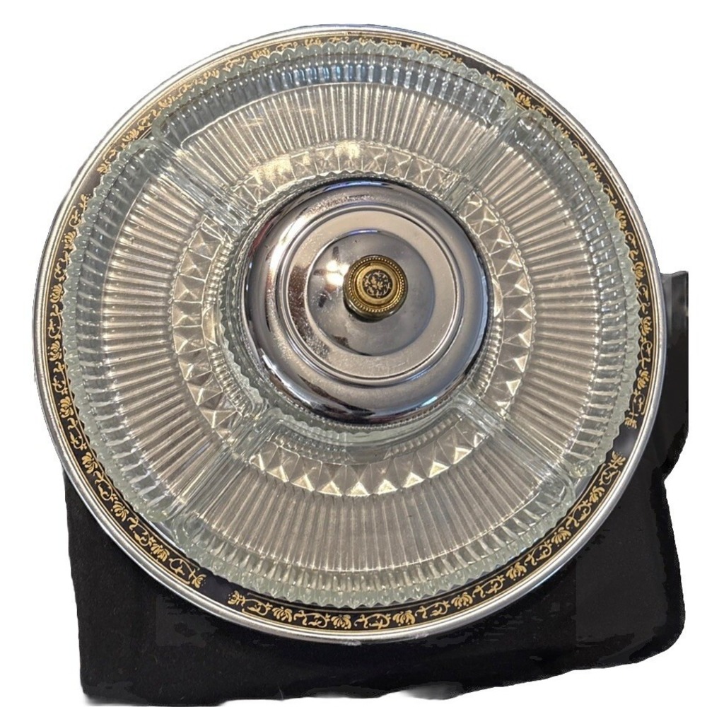 Kromex Chrome Glass Divided Lazy Susan Appetizer Relish Ornate Tray